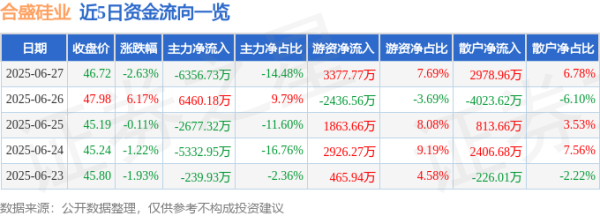 创通网 合盛硅业（603260）6月27日主力资金净卖出6356.73万元